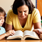 **A child struggling to read a book, surrounded by supportive parents and a teacher. The scene should convey a sense of encouragement and collaboration, highlighting the importance of early intervention for reading difficulties. Warm, inviting colors are preferred.** (This visualizes the section on the role of parents and educators).