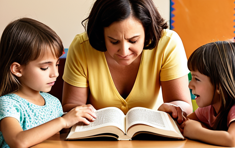 **A child struggling to read a book, surrounded by supportive parents and a teacher. The scene should convey a sense of encouragement and collaboration, highlighting the importance of early intervention for reading difficulties. Warm, inviting colors are preferred.** (This visualizes the section on the role of parents and educators).