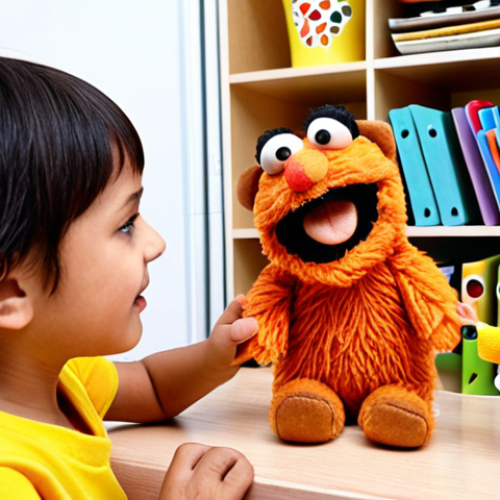 Home 25 ** A speech therapist engaging a young child in a playful speech therapy session, using puppets and games to stimulate communication and language skills. Focus on the interaction and the child's enjoyment.
**