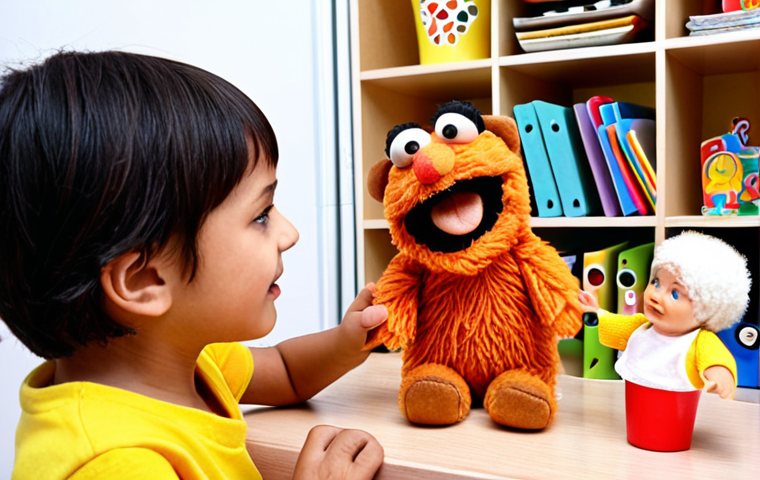 ** A speech therapist engaging a young child in a playful speech therapy session, using puppets and games to stimulate communication and language skills. Focus on the interaction and the child's enjoyment.

**