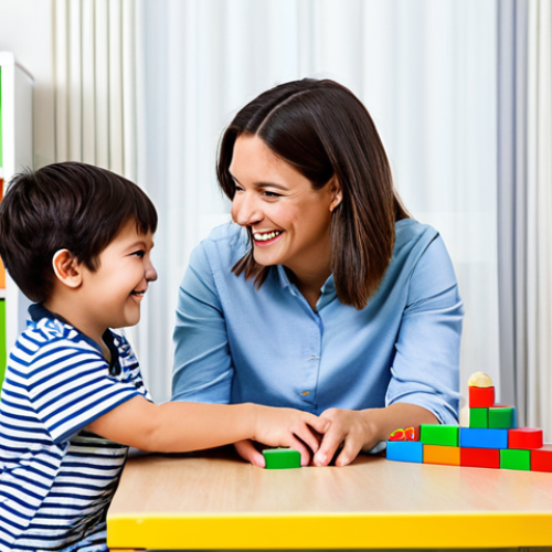 Home 23 A compassionate female speech therapist and a young child, approximately 5 years old, engaged in a playful learning activity in a bright, child-friendly therapy room. The child is smiling and interacting with colorful educational blocks on a low table, while the therapist gently guides with encouraging gestures. Both subjects are fully clothed in modest and appropriate attire; the therapist wears professional yet comfortable clothing, and the child is in clean, casual playwear. The scene emphasizes a warm, supportive, and family-friendly environment. Professional photography, high resolution, soft natural lighting. safe for work, appropriate content, perfect anatomy, correct proportions, natural pose, well-formed hands, proper finger count, natural body proportions.