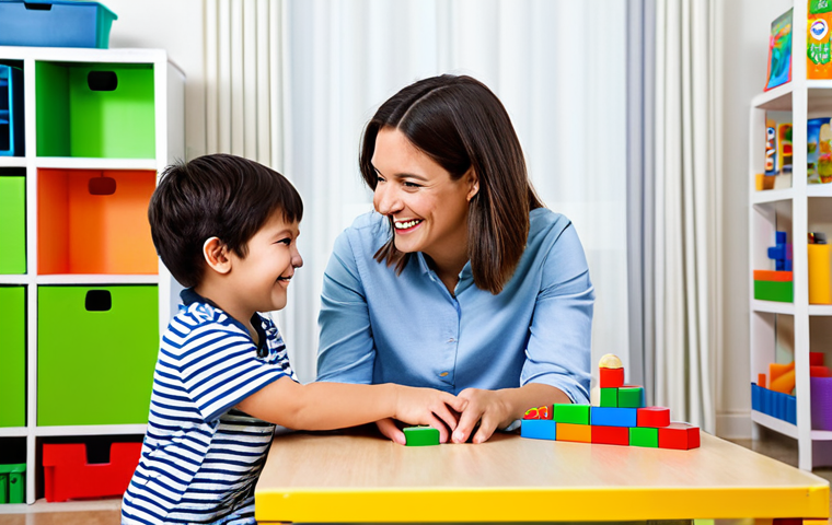 A compassionate female speech therapist and a young child, approximately 5 years old, engaged in a playful learning activity in a bright, child-friendly therapy room. The child is smiling and interacting with colorful educational blocks on a low table, while the therapist gently guides with encouraging gestures. Both subjects are fully clothed in modest and appropriate attire; the therapist wears professional yet comfortable clothing, and the child is in clean, casual playwear. The scene emphasizes a warm, supportive, and family-friendly environment. Professional photography, high resolution, soft natural lighting. safe for work, appropriate content, perfect anatomy, correct proportions, natural pose, well-formed hands, proper finger count, natural body proportions.