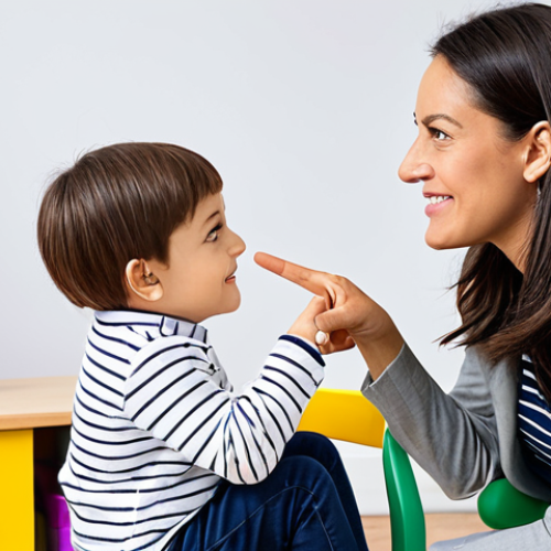 Home 22 A professional female speech therapist, fully clothed in modest, professional attire, sits on a child-sized chair, gently interacting with a young child (approximately 4 years old), fully clothed in appropriate, family-friendly play clothes. They are in a bright, clean, and modern speech therapy room filled with age-appropriate educational toys and colorful learning materials. The therapist is demonstrating a language game with a deck of picture cards, and the child is attentively engaged, pointing to an image. The pose is natural, displaying perfect anatomy, correct proportions, well-formed hands, proper finger count, and natural body proportions. The image is rendered with professional photography quality, soft lighting, appropriate content, and is safe for work.