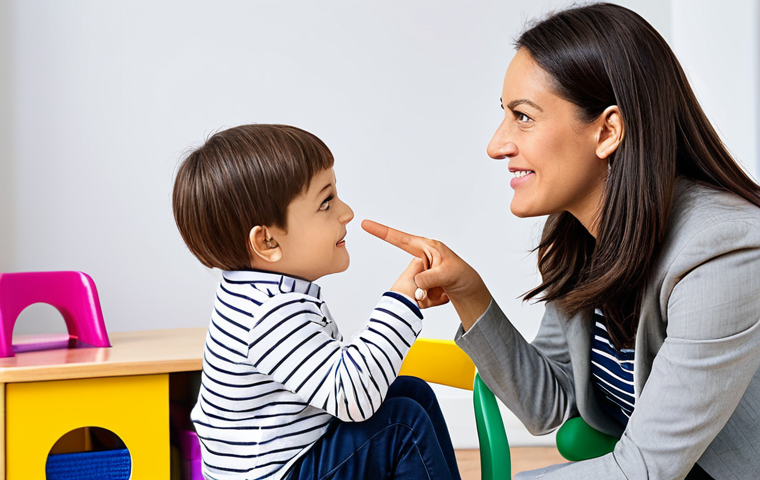 A professional female speech therapist, fully clothed in modest, professional attire, sits on a child-sized chair, gently interacting with a young child (approximately 4 years old), fully clothed in appropriate, family-friendly play clothes. They are in a bright, clean, and modern speech therapy room filled with age-appropriate educational toys and colorful learning materials. The therapist is demonstrating a language game with a deck of picture cards, and the child is attentively engaged, pointing to an image. The pose is natural, displaying perfect anatomy, correct proportions, well-formed hands, proper finger count, and natural body proportions. The image is rendered with professional photography quality, soft lighting, appropriate content, and is safe for work.