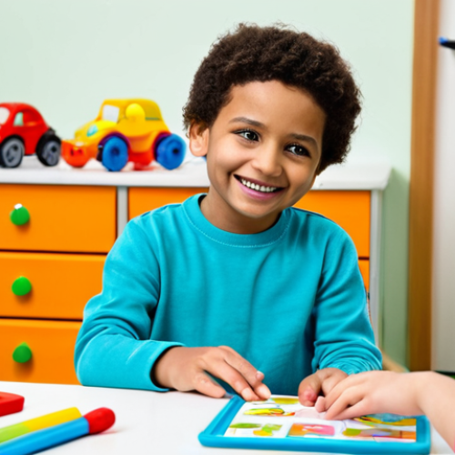 Home 9 Child in Speech Therapy**
"A young child, fully clothed in colorful, modest clothing, participating in a speech therapy session with a friendly therapist. The setting is a bright and welcoming clinic room with toys and educational materials. The child is smiling and engaged in a playful activity designed to improve articulation. Perfect anatomy, correct proportions, natural pose, well-formed hands, proper finger count. Safe for work, appropriate content, fully clothed, professional, family-friendly."
**