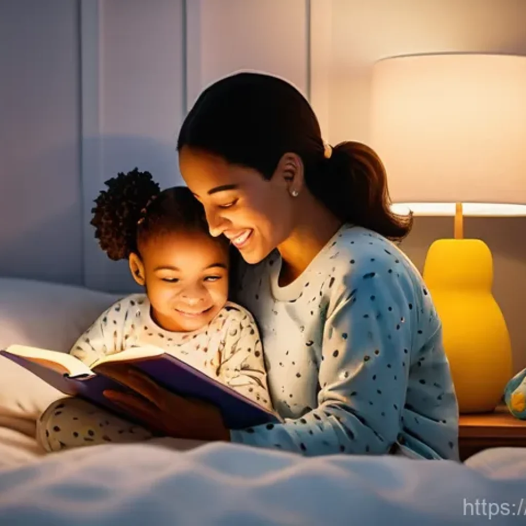 언어발달 이론 - **A cozy bedtime story moment:** A warm, soft-focus image of a parent (or caregiver) with a young ch...