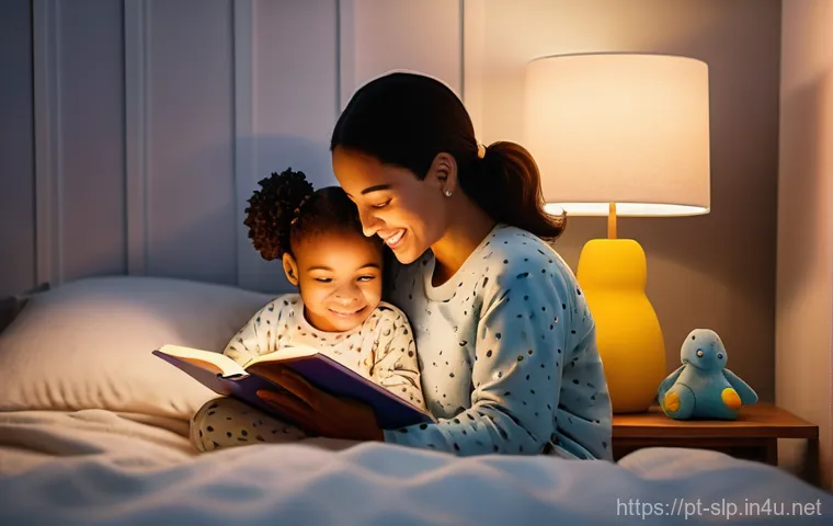 언어발달 이론 - **A cozy bedtime story moment:** A warm, soft-focus image of a parent (or caregiver) with a young ch...