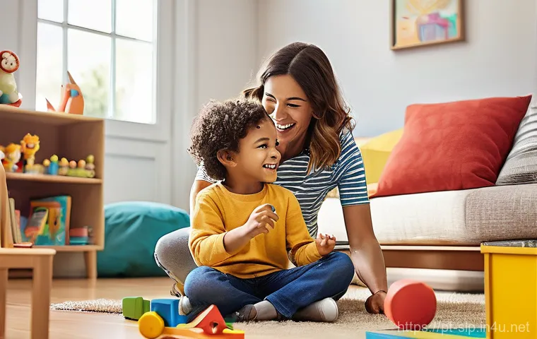 언어발달 이론 - **A cozy bedtime story moment:** A warm, soft-focus image of a parent (or caregiver) with a young ch...