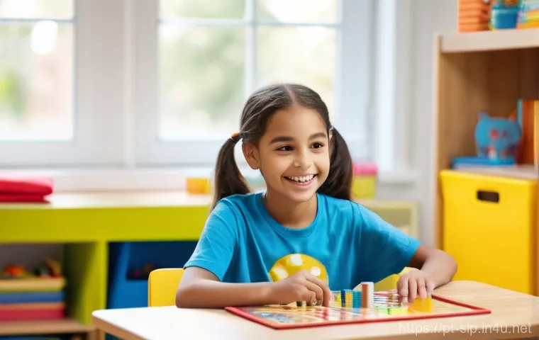 언어장애 치료 - **Prompt:** A heartwarming scene inside a brightly lit and colorful speech therapy room, focusing on...
