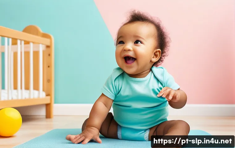 어린이의 말소리 발달 - **Prompt: A joyful baby, approximately 7-9 months old, sitting comfortably on a soft playmat in a br...
