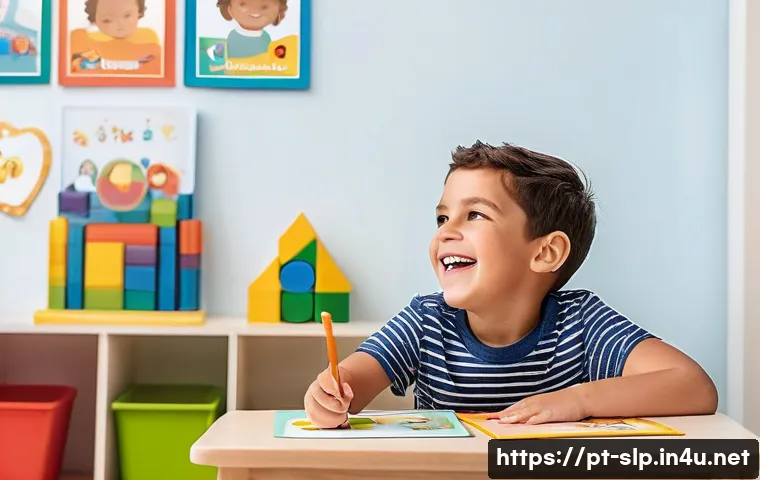 언어치료사로서의 직무 - "A brightly lit, modern speech therapy room where a kind female speech therapist, dressed in smart c...