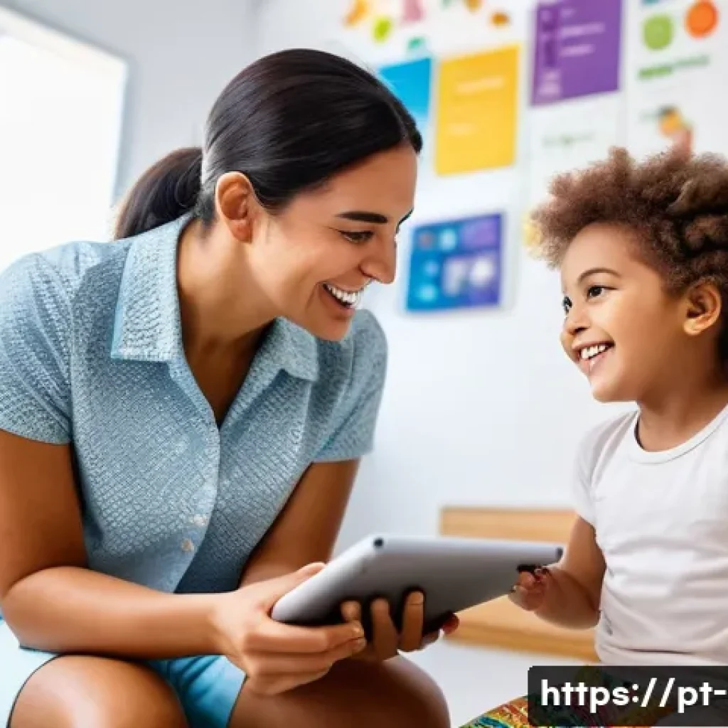 말소리 치료 - A cheerful Brazilian speech therapist in a bright, modern clinic interacting with a young child wear...