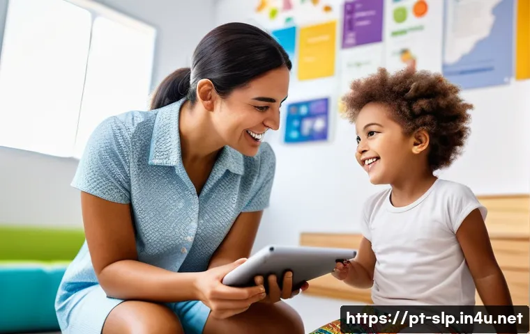 말소리 치료 - A cheerful Brazilian speech therapist in a bright, modern clinic interacting with a young child wear...