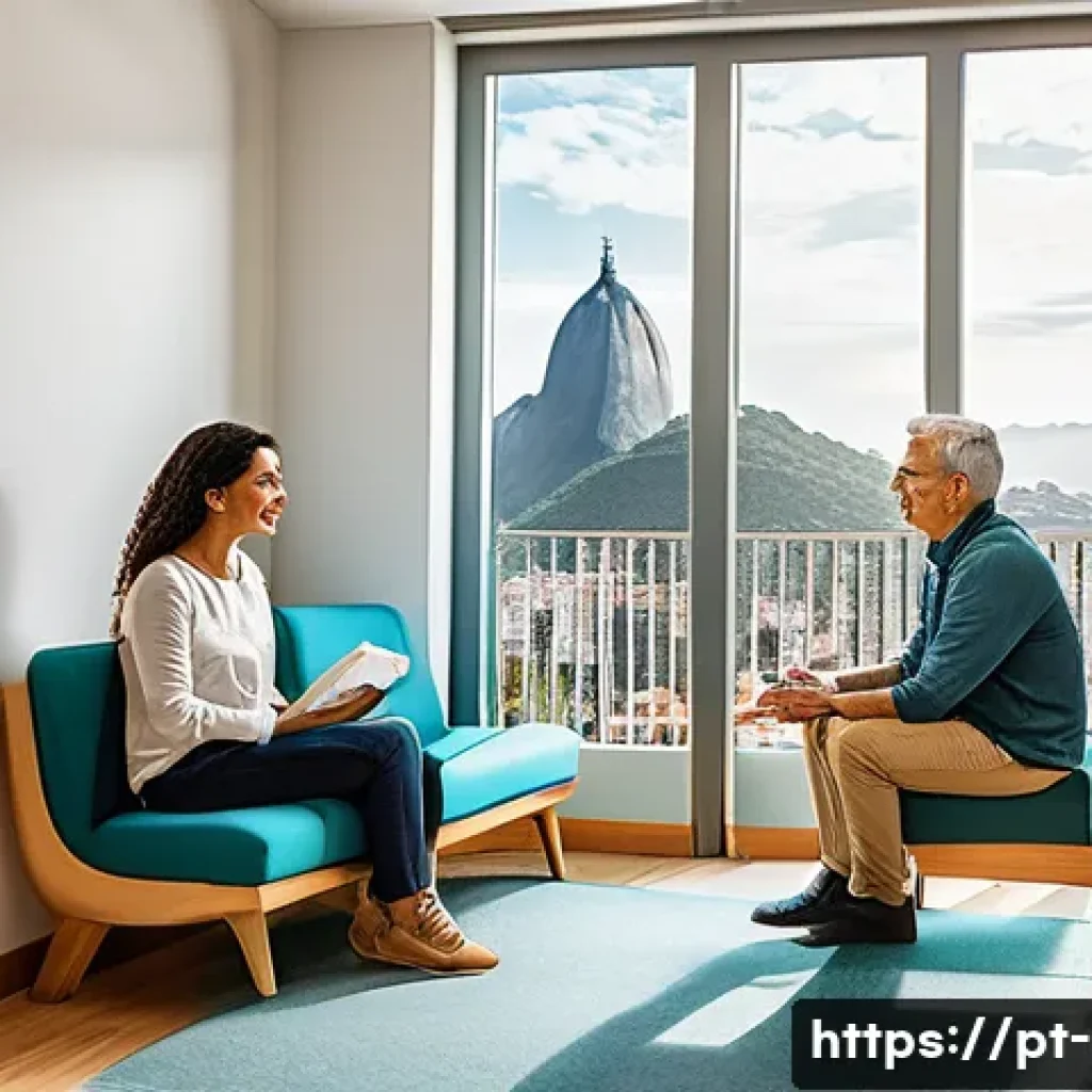 구음장애 치료 - A warm, inviting therapy room in a modern Brazilian clinic, featuring a middle-aged speech therapist...