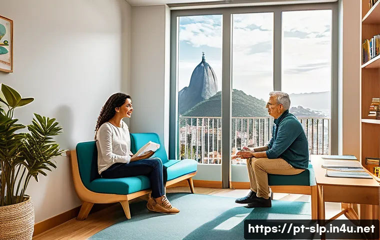 구음장애 치료 - A warm, inviting therapy room in a modern Brazilian clinic, featuring a middle-aged speech therapist...