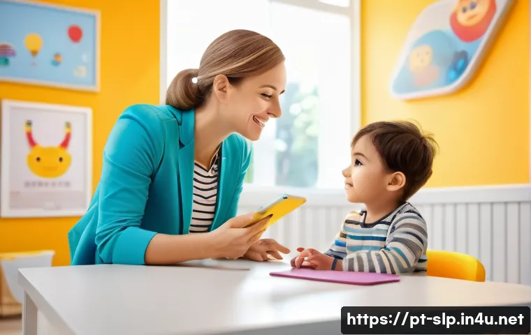언어치료의 최신 동향 - A modern speech therapy session in a bright, welcoming clinic room featuring a speech therapist guid...