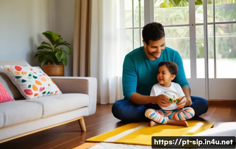 언어치료 교육의 중요성 - A warm and inviting living room scene in a Brazilian home, featuring a young child around 3 years ol...