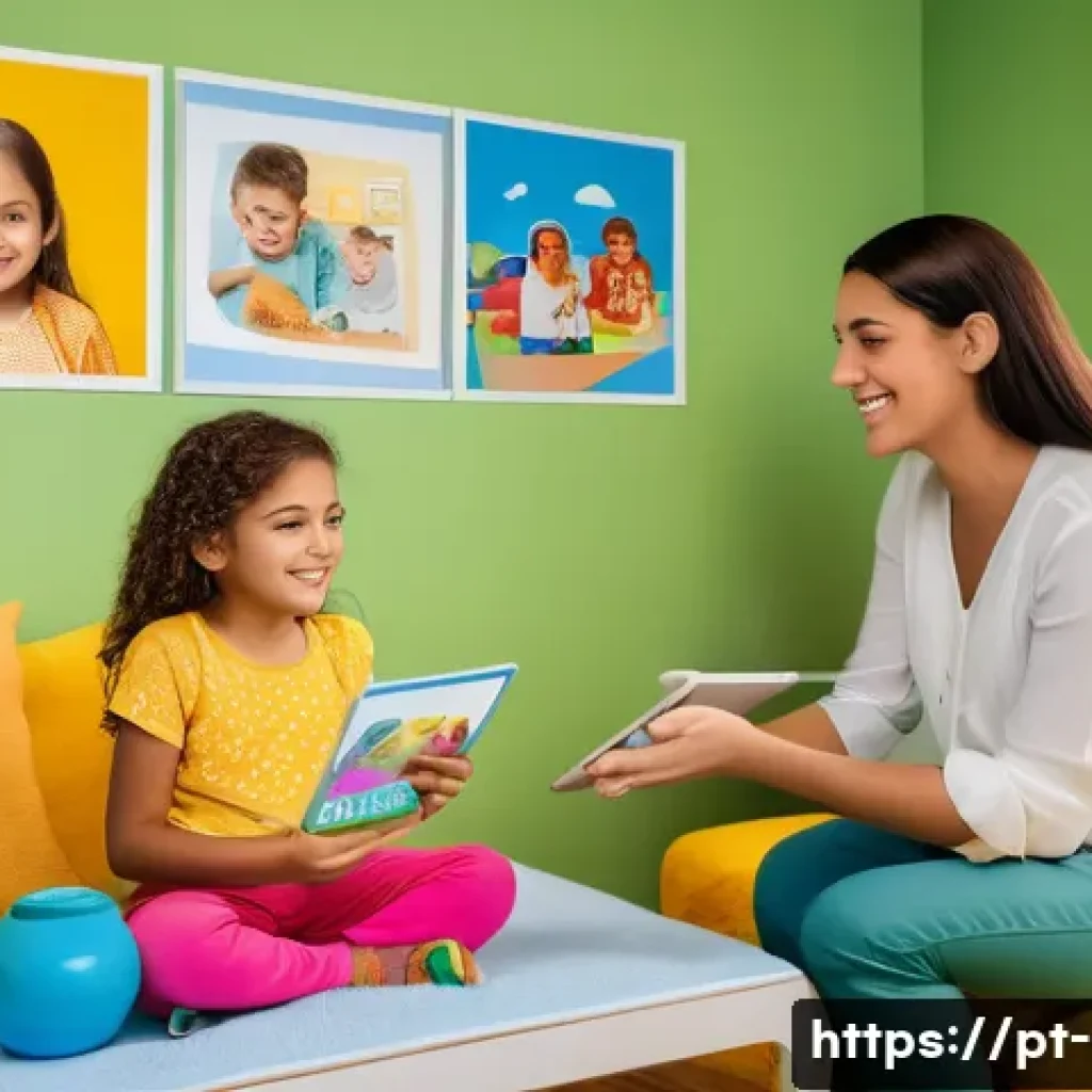 자폐증 언어치료 프로그램 - A warm, inviting therapy room in a Brazilian home setting, showing a speech therapist engaging with ...