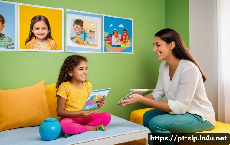 자폐증 언어치료 프로그램 - A warm, inviting therapy room in a Brazilian home setting, showing a speech therapist engaging with ...