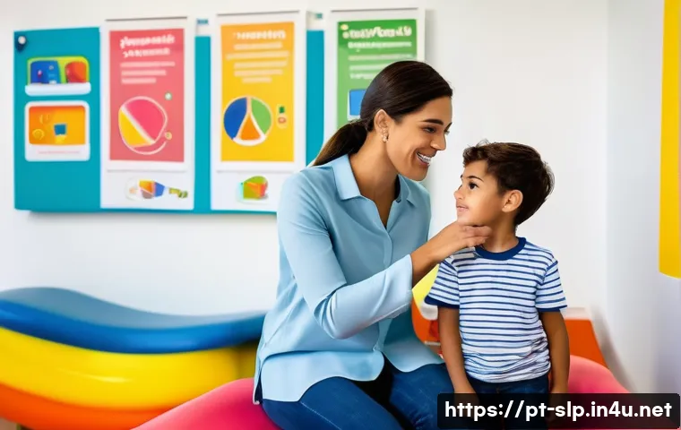 언어치료의 역할과 중요성 - A warm and inviting speech therapy session room in a modern clinic, featuring a female speech therap...