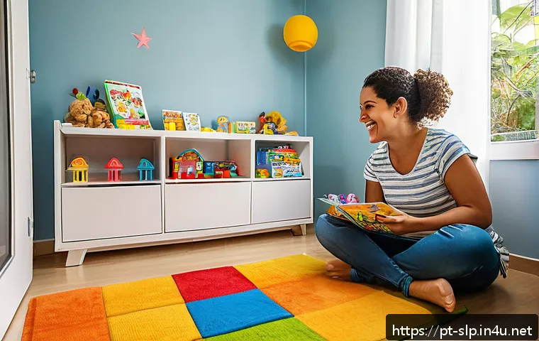 아동 언어치료 - A warm and inviting therapy room in a Brazilian home, featuring a young toddler wearing a colorful d...