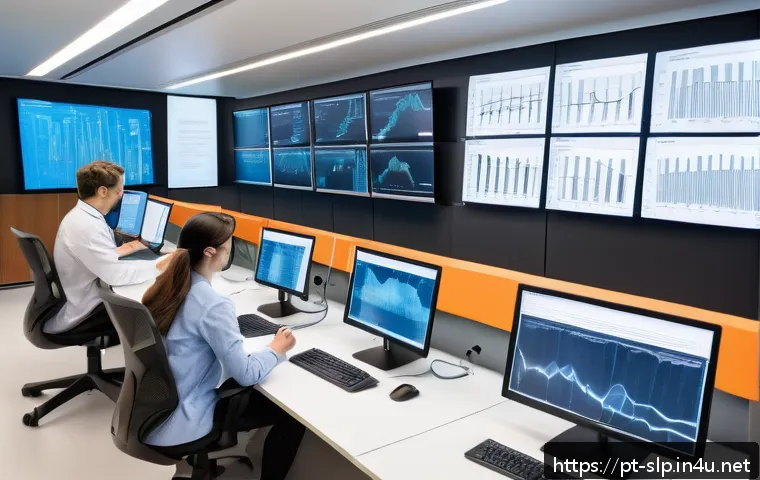 언어학과의 차이점 - A modern academic research environment showing a diverse group of linguists analyzing large digital ...