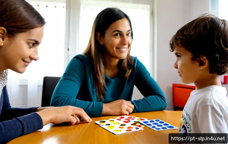 자폐 스펙트럼 언어치료 - Photorealistic speech therapy session in a welcoming Portuguese-speaking family clinic, a caring the...
