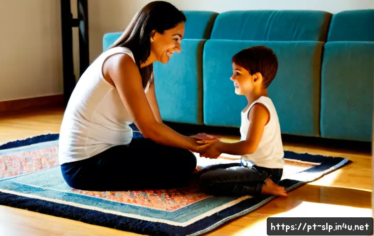 Home 17 어린이 구술 언어 발달 - Photorealistic Brazilian mother and young child sitting face-to-face on a sunlit living room rug, th...